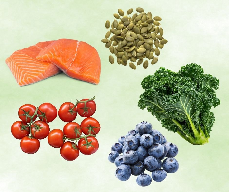 Foods for Clear Skin - Salmon, Pumpkin Seeds, Tomatoes, Blueberries, Kale